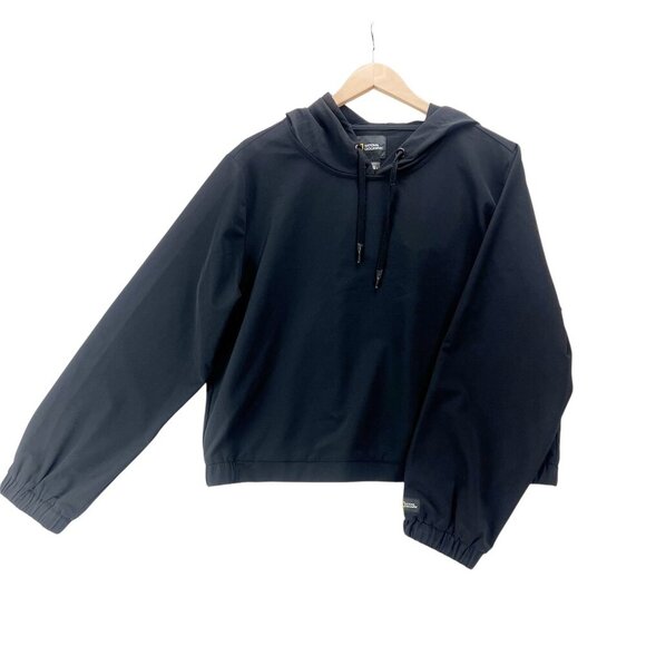 National Geographic Black Windbreaker Cropped Hoodie Size L - Picture 1 of 5